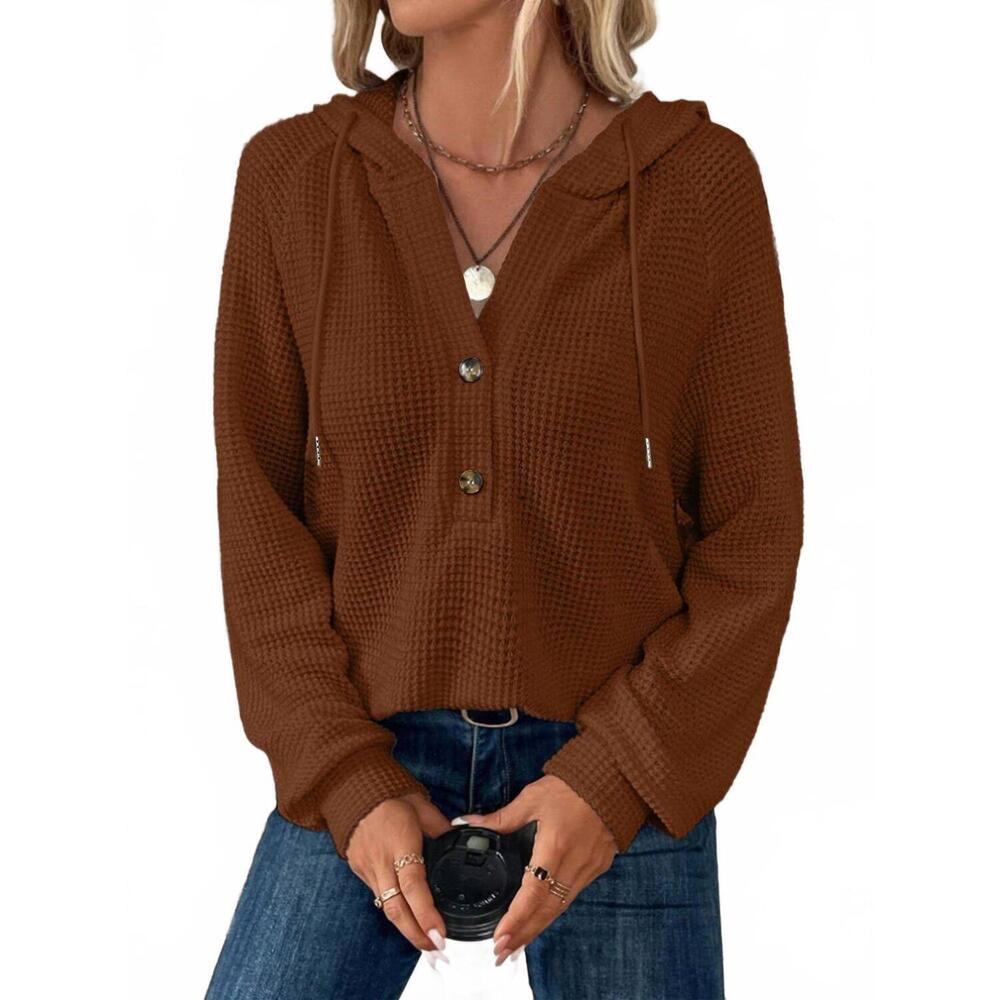 NEW LILY CLOTHING waffle button-up hoodie pullover in caramel